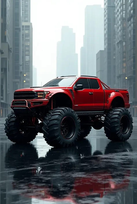 Latest cyber-futuristic hyperrealistic pickup truck in metallic red with extremely tall, ultra tall wheels, more than 3 meters high and very thick 