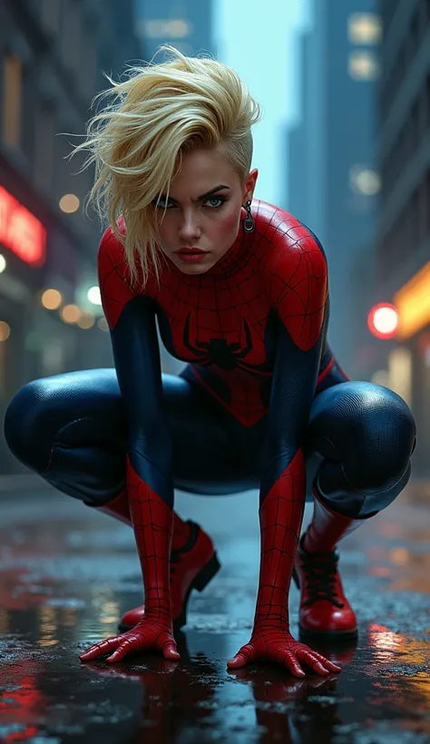 Spider Gwen. Blonde mohawk hair. Crouching facing forward. Angry. Location city street at night. 