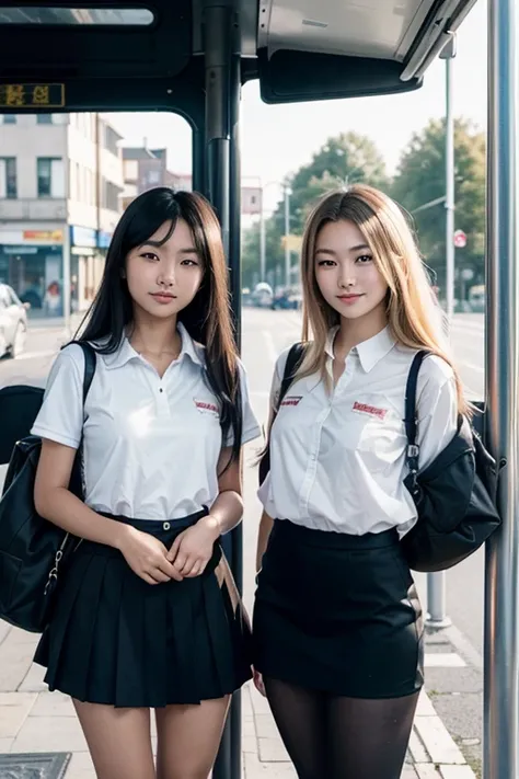 two girls, ( A beautiful  with blond hair and soft European features), 
and (a beautiful  with black hair, black hair and soft Asian features),   dressed in school uniform ,  standing at the bus stop ,    looking at the observer  ,    smiling at the observ...