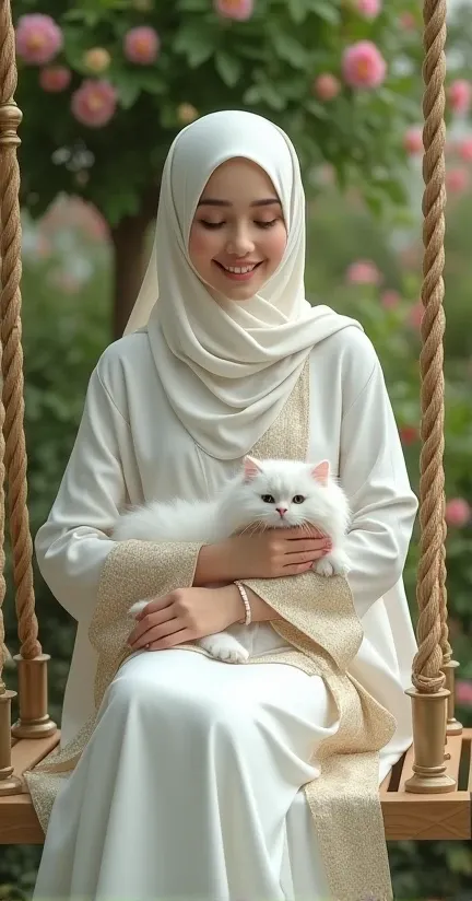 Super beautiful woman wearing hijab  , white dress gold combination smiling , cuddles white angora cat sitting on a swing in a flower garden