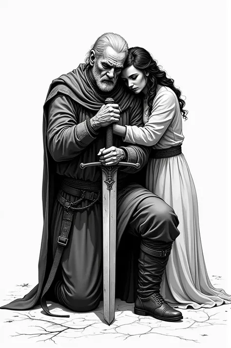  Make a tired gentleman defeat kneeling leaning on his sword while behind him is a woman comforting him, Make it a black and white tattoo 