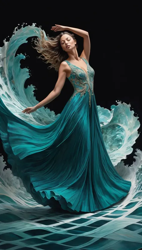 enigmatic hyperrealistic art of a freebird with the ethereal quality of waves on a dark teal to turquoise peak, swirling and dan...