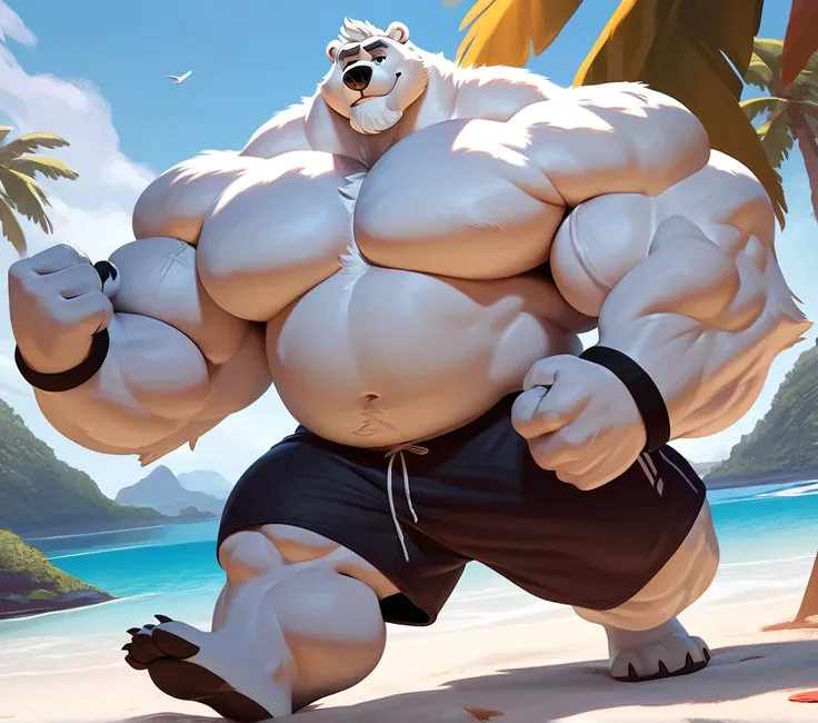 huge muscular polar bear in tropical island beach, big grr, polar bear, huge white fur, thick arm, huge arm, huge white fur, thi...