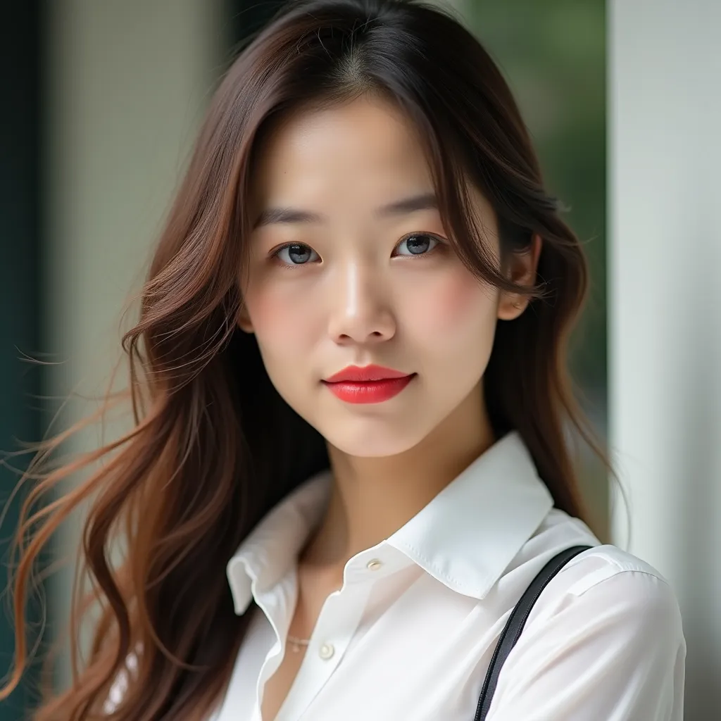 a realistic portrait of an east asian woman 、long,   wavy brown hair ,  is wearing a white shirt .  long , a little messy hair ,...