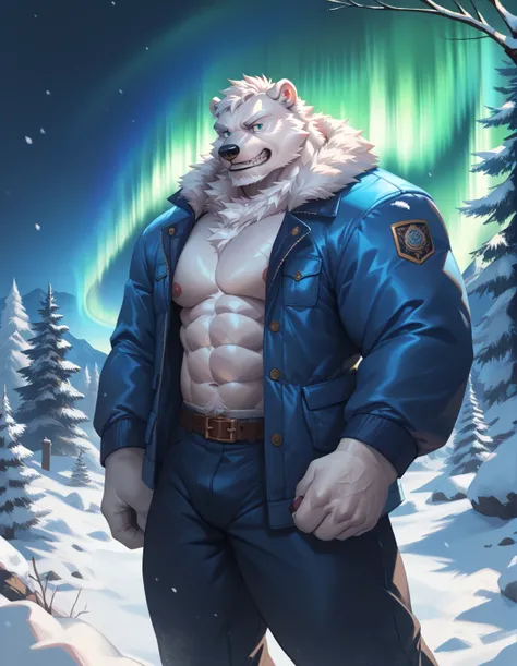 lindong, semirealistic:1.3, snow, atlantic, night, aurora borealis, furry polar bear, white furr, pants, belt, standing, muscula...