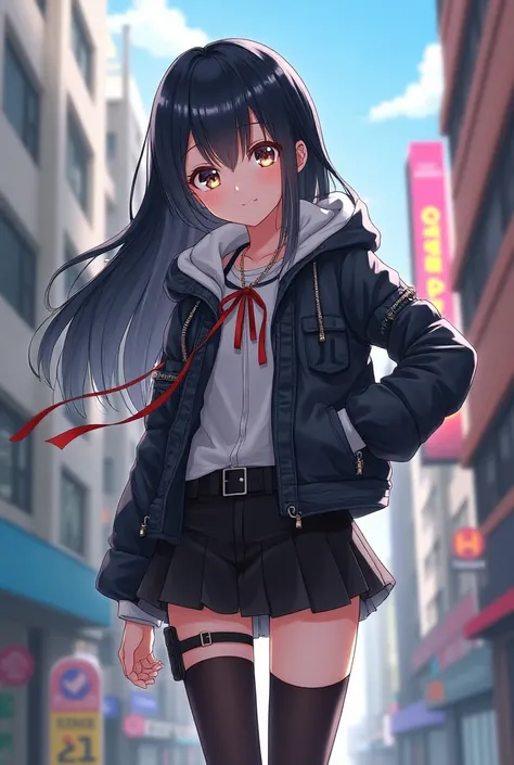 Moe girl 　Full body image　My hair is long and the color is black 　 Im wearing cool clothes 　 the background is street