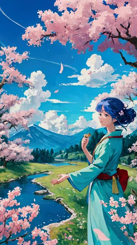 Create a 4K digital illustration for an anime wallpaper, influenced by Hayao Miyazaki, showcasing an enchanted valley. The valley is filled with vibrant flowers and blossoming trees, where mystical creatures like fairies and small dragons dance among the p...