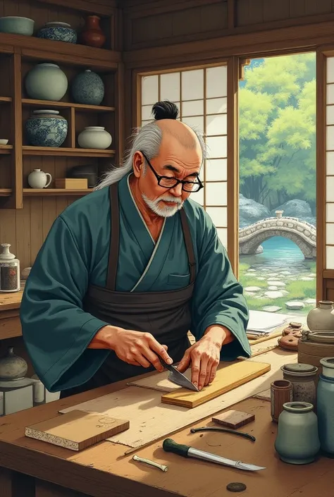 
*image:*  A Japanese master craftsman sitting in a traditional workshop ,  surrounded by tools and wooden materials . on the wall,  there is a shelf with finely decorated ceramic objects and lacquers .

* details :*

 - Master Takumi holds a chisel in his...