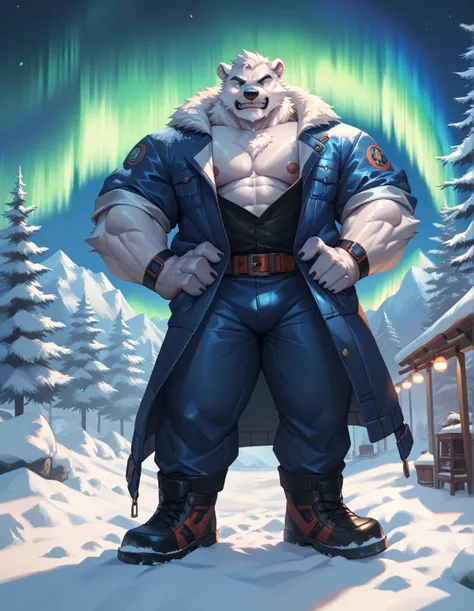 lindong, semirealistic:1.3, snow, atlantic, night, aurora borealis, furry polar bear, white furr, pants, belt, standing, muscula...