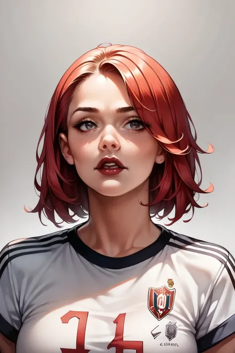 (high-level image quality), (high quality), (high resolution), (detailed), (masterpiece), beautiful young woman, ((caucasian)), red hair, medium bob, dark red lipstick, blank background, ((soccer shirt number 10))