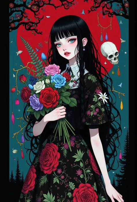 1 girl,  art nouveau, black skirt,  dark hair, black rose, blood,  blue eyes, blue rose, flower束, 茶flower, fork, skirt, flower, ...