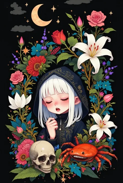 1 girl, blood, blush, bushing, 茶flower, with eyes closed, cloud, crab, crescent moon, fish, flower, hood, leaf, meat, moon,  unm...