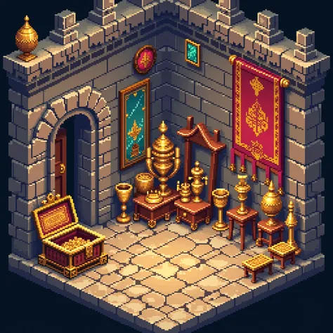 a set of pixel pixel art of a castle with gold and jewels, tileset asset store, tileset, detailed pixel art, beautiful detailed pixel art, game assets, detailed game art, video game assets, high quality pixel art, detailed pixel artwork, pixel art style, g...