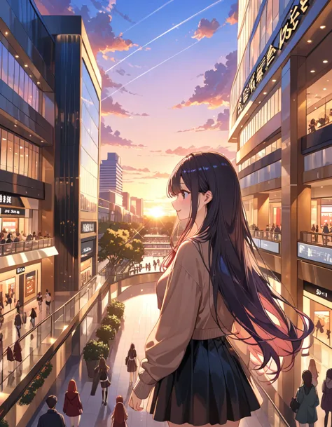 sunset, city, mall,  long haired girl