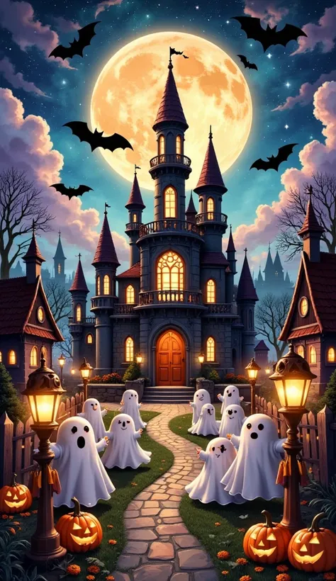 (masterpiece,  best quality :1.2), halloween scene, amusement park，castle， playful crowd，moon， bats ，adorable ghosts ，halloween ...