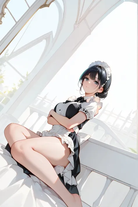 black hair, maid clothes,thighs,mansion,maid knitting on the windowsill, anime style