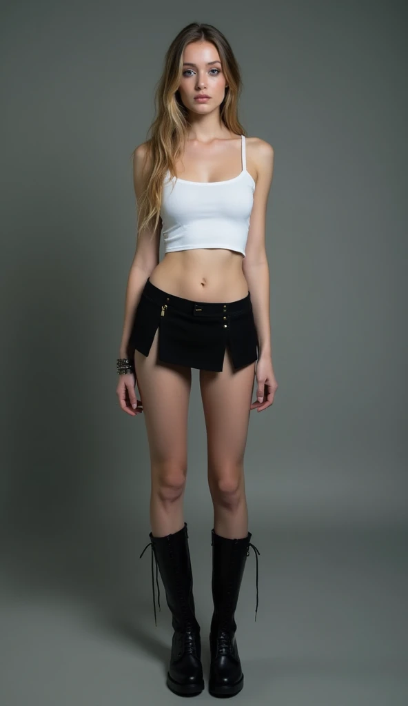  A picture of an ethereally beautiful 18-year-old girl . She has youthful Caucasian features and (very pale white skin)).  Her eyes are bright blue and she wears  ((heavy black eye makeup )).  She has a beautiful body with perfect legs and big, round breas...