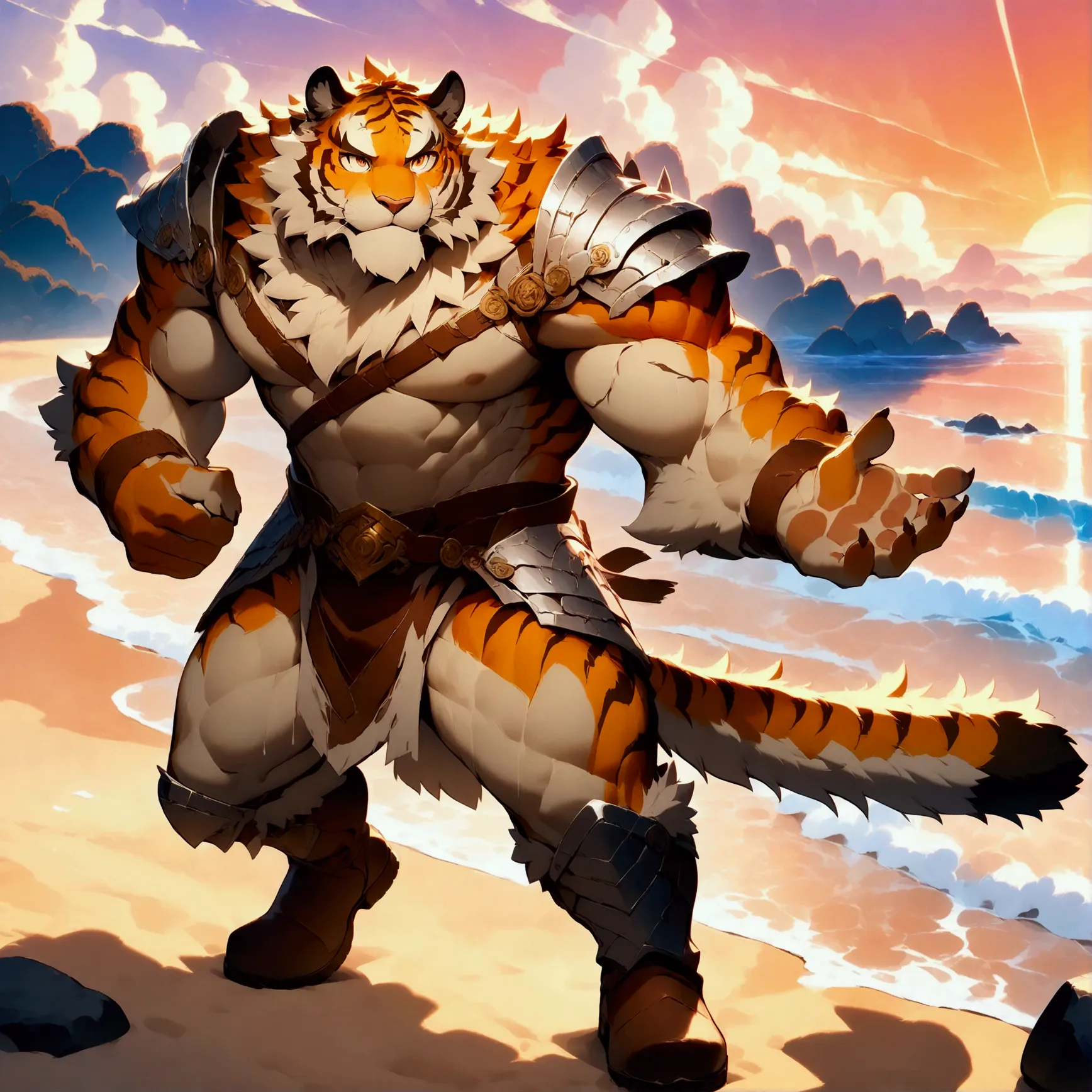 character focus, full body, looking away, various angle, european fantasy, a plump middle-aged tiger man, clothed, heroic costum...