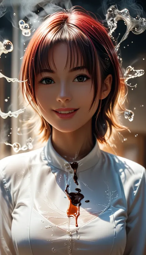 Best angle shot,relistic photo, (long exposure effect,moving effect,slow motion effect). Surealism photo manipulation, a beautiful Japanese woman dynamic dance like a professional model merge with slince of an red and cherry blosom , looking forward, milk ...