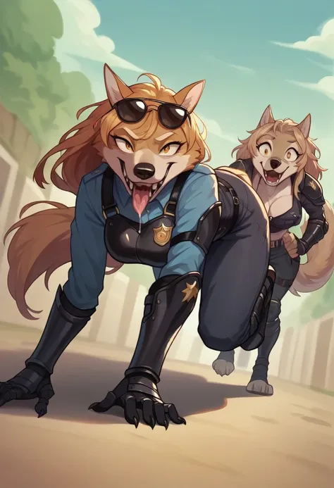 open mouth, accurate, long hair, breasts, wolf ears, tongue, smile, sunglasses, dark armoured police anthro vest, sniffling the ...