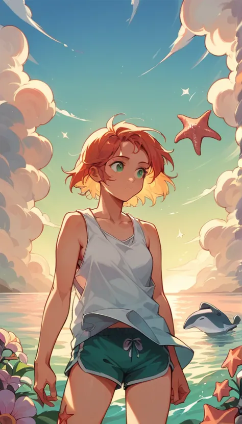 (masterpiece:1.2), (best quality:1.3), shallow_sunset, 1girl, standing, cowboy_shot, loose tank top, dress, dolphin shorts, flow...