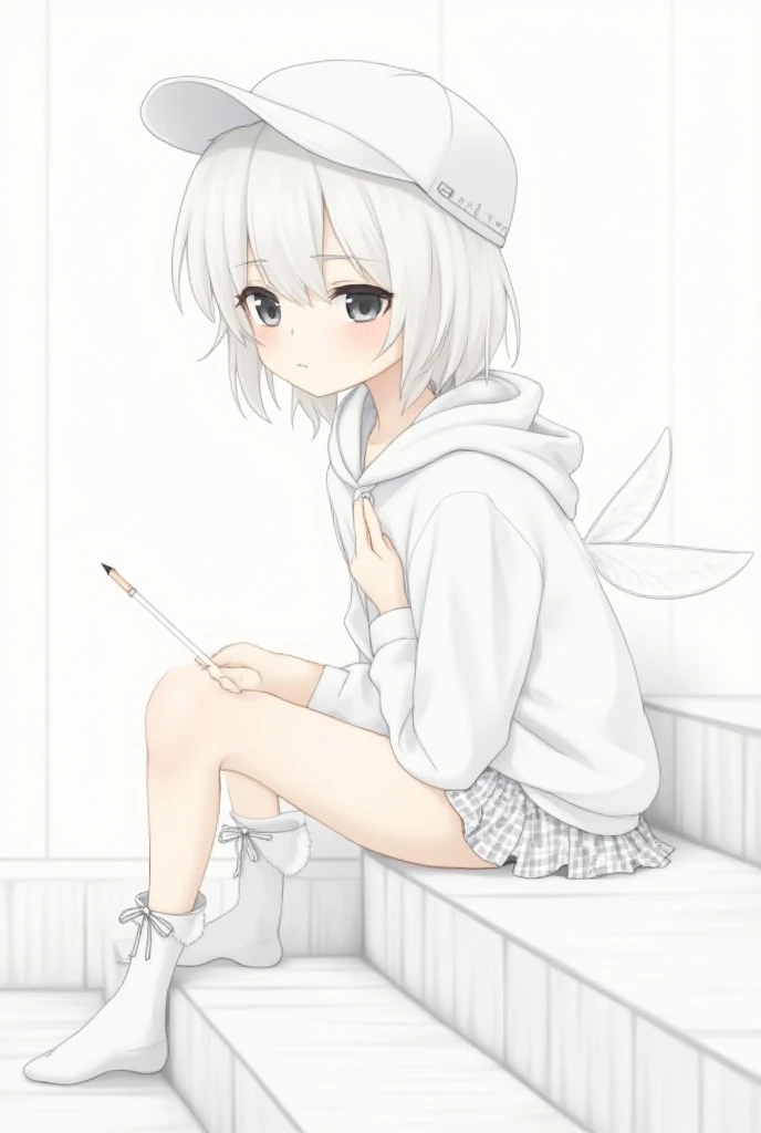 `profile,    Drowning , small mouth, white hoodie without letters , short white check skirt , White baseball cap words without letters,  thin white hair , Long hair, Thin white eyebrows, Thin neck,  A small white check string with a ribbon on the hair,  da...