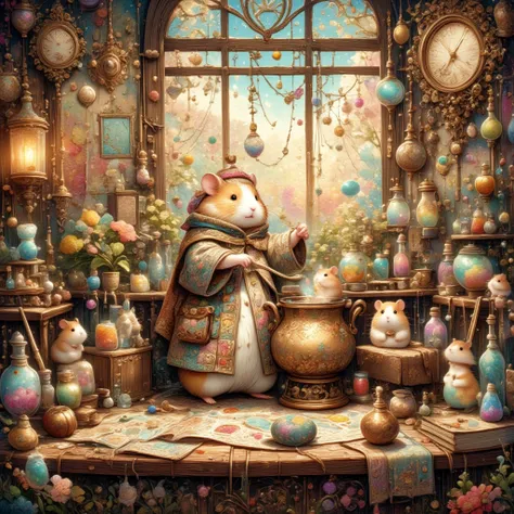 (a delightful hamster dressed as a mystical alchemist, featuring a small leather satchel filled with mysterious trinkets and a r...