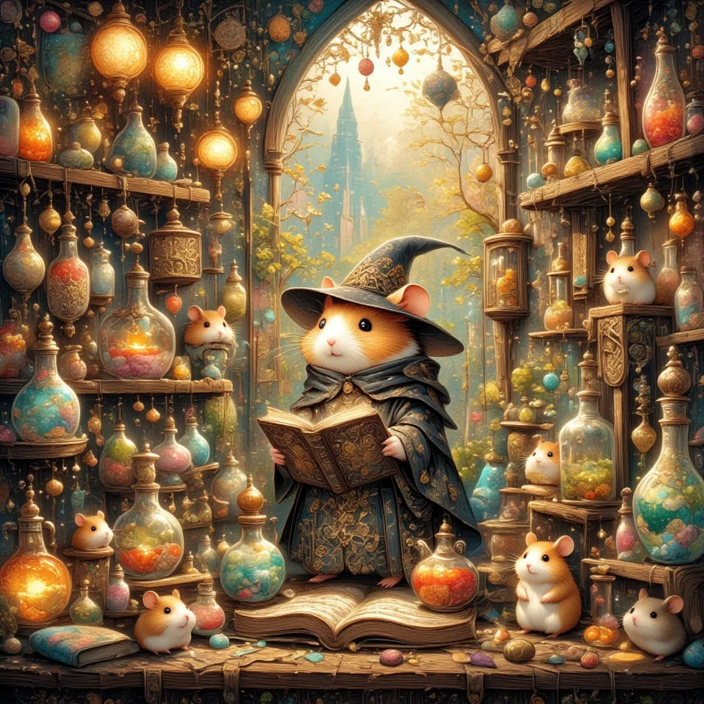 (a cute hamster dressed as an elegant magician in a midnight black robe lined with tiny, swirling runes of silver ink, and a hat...