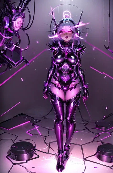 cure beauty. ahegao.  pink glowing eyes. black mechanical headphones . shout. dark costume .  mind control. corruption.  pink gl...