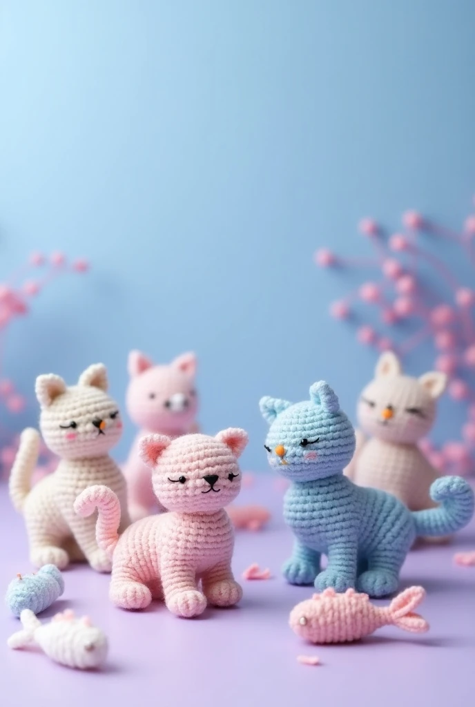 crochet cat figurines, pastel colors, whimsical poses, soft textured yarn, curled tails, outstretched cats, gradient blue and purple background, crocheted fish and yarn accents, minimalism, (best quality,4k,8k,highres,masterpiece:1.2),ultra-detailed,(reali...