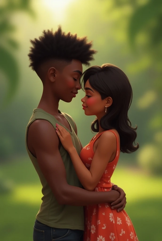 A black boy with low fade hugging a beatiful brown girl shorter than the boy 