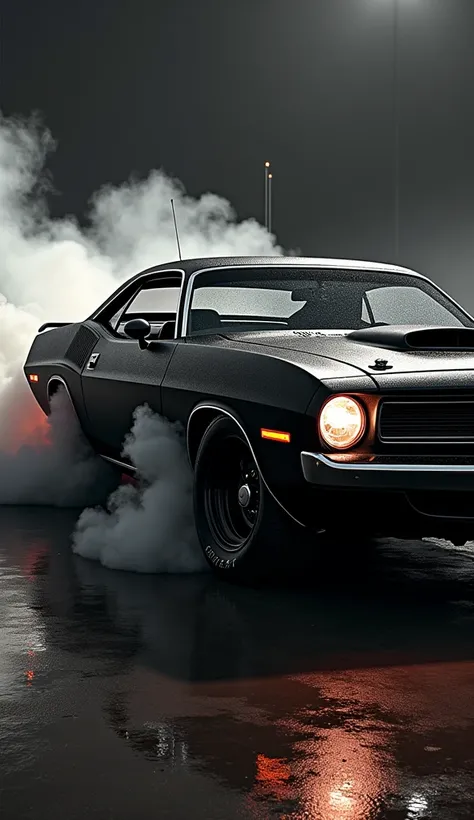 Obra maestra de stuning, Intricate black bold outline photo of a powerful classic muscle car 1970 Plymouth barracuda  Hemi supercharged, Tire depletion shows clouds of smoke, excessive realistic textures, best quality, hdr+, 12k