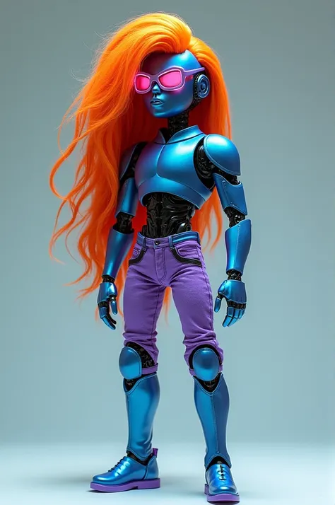  Blue male robot with long orange hair,  purple jean pants and purple boots , with pink glasses 