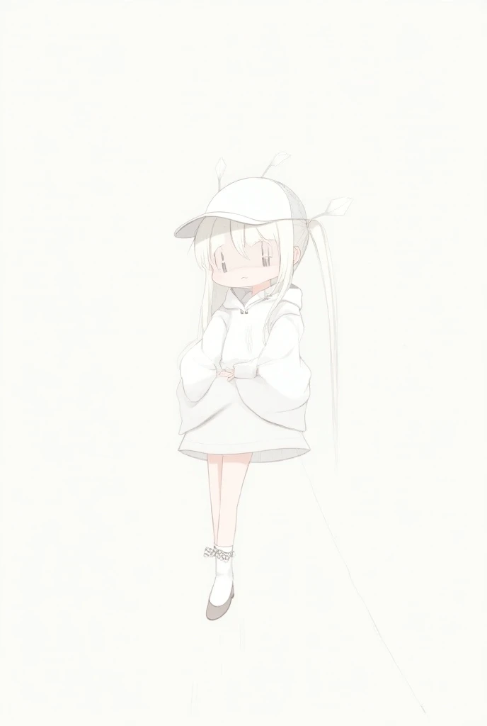 `profile,    Drowning , small mouth, white hoodie without letters , short white check skirt , White baseball cap words without letters,  thin white hair , Long hair, Thin white eyebrows, Thin neck,  A small white check string with a ribbon on the hair,  da...