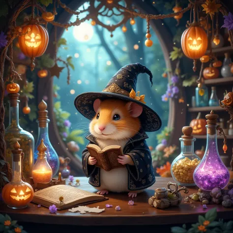 (a cute hamster dressed as an elegant magician in a midnight black robe lined with tiny, swirling runes of silver ink, and a hat...