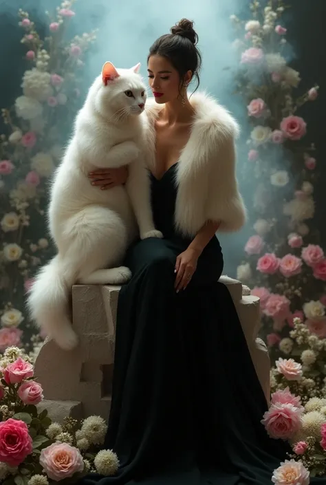 Photoshoot of a beautiful woman wearing a long black dress and a very bushy bear fur and rubbing mah flower city on the head.  Is posing holding a big white cat while sitting on a huge tumbling pohoh inside a studio full of beautiful bouquets and white smo...