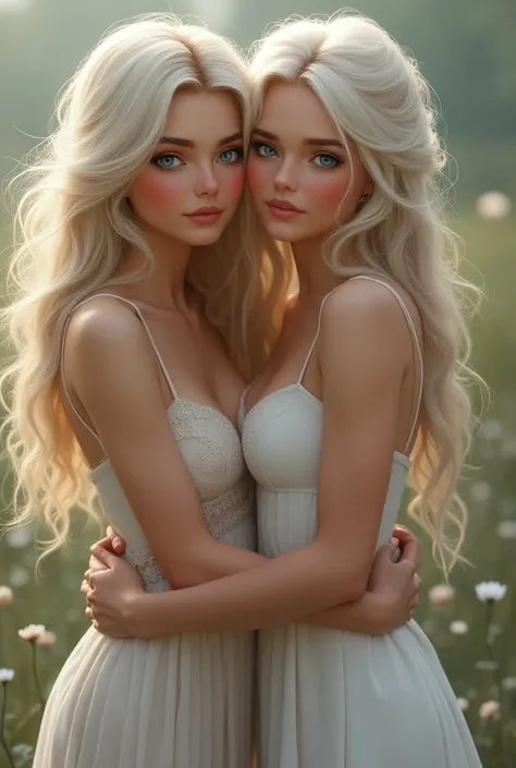 Una mujer long-haired, white in color,  she has purple eyes,  with a blonde woman , long-haired,  she has blue eyes ,  the two are hugging ,  they are smiling , realistic art 