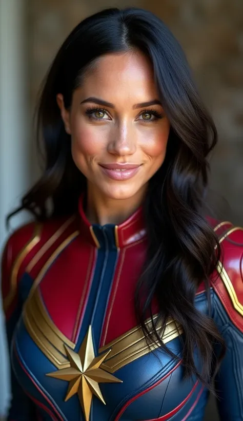 Meghan Markle, wearing Captain Marvel costume sexy clothes transparent. professionally retouched, soft lighting, realistic, smooth face, perfect eyes, sharp focus on eyes, 8 k, high definition, insanely detailed, intricate, elegant. itural background.