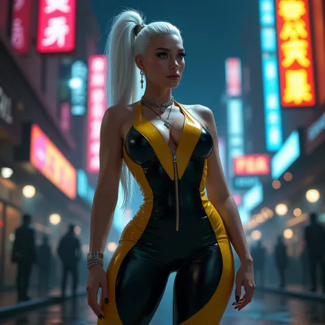 cyberpunk girl, (full body:1.5), black and yellow jumpsuit, high heels, epic, erotic, curvy, seductive, white hair, very long ponytail haircut, necklace, night city in background, neon light reflections on skin, highly detailed, high contrast, rim lighting