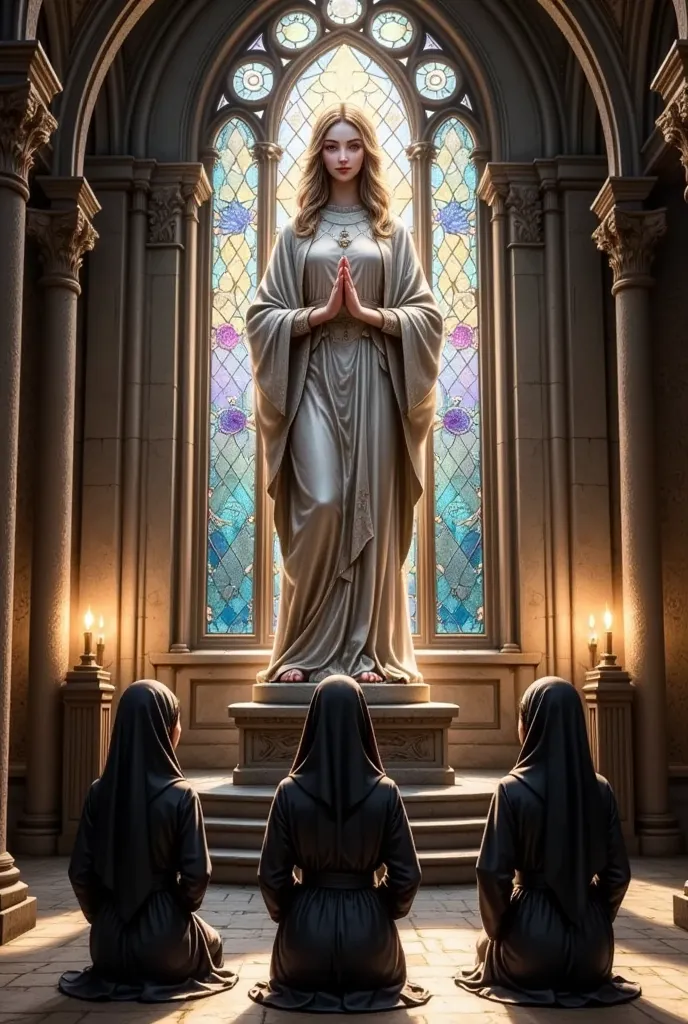 nuns、woman praying to a statue of a goddess in a monastery、 stained glass、