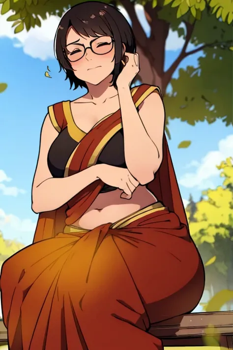 solo,1girl,black hair ,brown eyes ,pixie cut hair, hair bang, wearing saree, wearing glasses, skinny body, sitting by a tree, farting, massive fart, blushing, closed eyes, relieved face