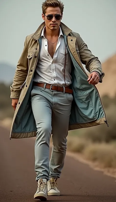  Robert Downey Jr Add Full body Jacket same face Add 24 years Old sem Add man Face Add Robert Downey Jr character Handsome Oval face shape Esta ,short stylish zero cut Full Golden hair. smooth skin tight  normal white open Eyes , Ford Body Movement Action ...