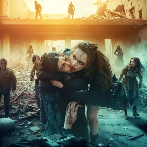 zombies are walking through a destroyed building with a woman hugging her, movie promotional image, z nation, photo manipulation, miss aniela, ( apocalyptic ) 8 k, photomanipulation, award winning cinematic still, 3 d render and matte painting, by Lucia Pe...