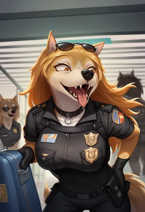 open mouth, accurate, long hair, breasts, wolf ears, tongue, smile, sunglasses, dark armoured tactical police anthro uniform, da...