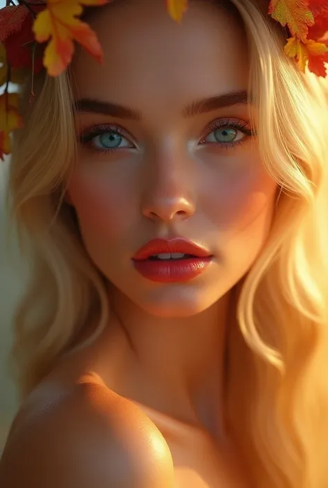 A beautiful ethereal blonde goddess, crystal blue eyes, candy-apple red lips with cinnamon-gold shimmer, luminous complexion, soft warm highlights, dimensional blonde tones, dreamy diffused lighting, dewy finish, romantic autumn-inspired metallics, sweet-s...