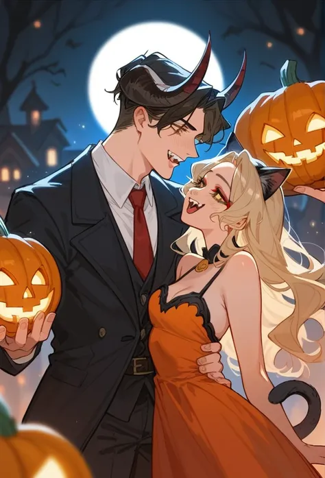 A couple, 1 girl, 1 joy, a beautiful woman, long wavy black hair, brown eyes, cat ears and tail, fangs, beautiful dress, demon horns, A handsome Man, Blonde hair, golden eyes, tall, defined body, sexy, demon horns, vampire fangs, Dracula costume, demon tai...