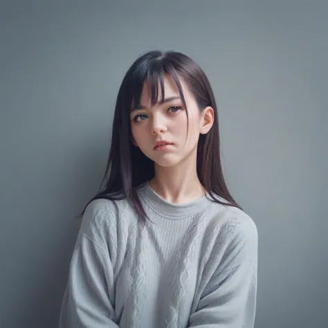 a girl in a gray sweater is posing for a photo, anime style