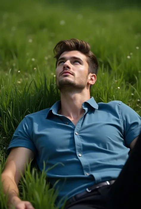 A perfect handsome 25 years old young clean shaven man, muscular body, brown eyes, brown hair with a decent haircut, he looks romantic, noble, charismatic, he is wearing a blue shirt and a black pant. He is lying on a grassy meadows ground and watching the...