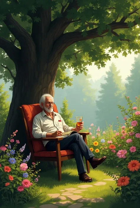 An old man was sitting on a chair in the shade of a tree in the flower garden, drinking alcohol and reading a book.