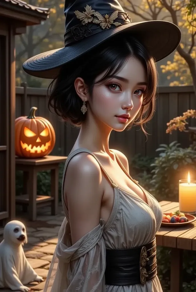 （illustration wallpaper:1.3）、 cozy halloween party、 warm and nostalgic atmosphere 、 jack-o-lantern、 witch hat 、ghost、flying bats...